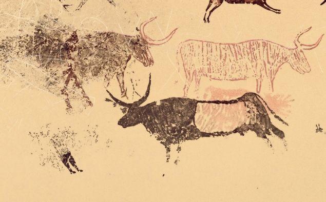 Détail des peintures rupestres avec trois bovidés peints dans les tons rouges et noirs.