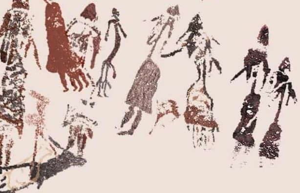 Détail des peintures rupestres avec six femmes entourant un homme dessiné avec un très grand pénis.