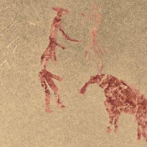 Détail des peintures rupestres dans les tons rouges représentant un homme avec un arc et des flèches face à un sanglier.