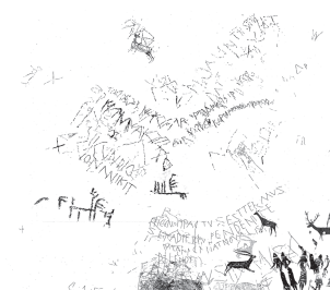 Image avec les inscriptions ibères trouvées à la Roca dels Moros autour des peintures rupestres.