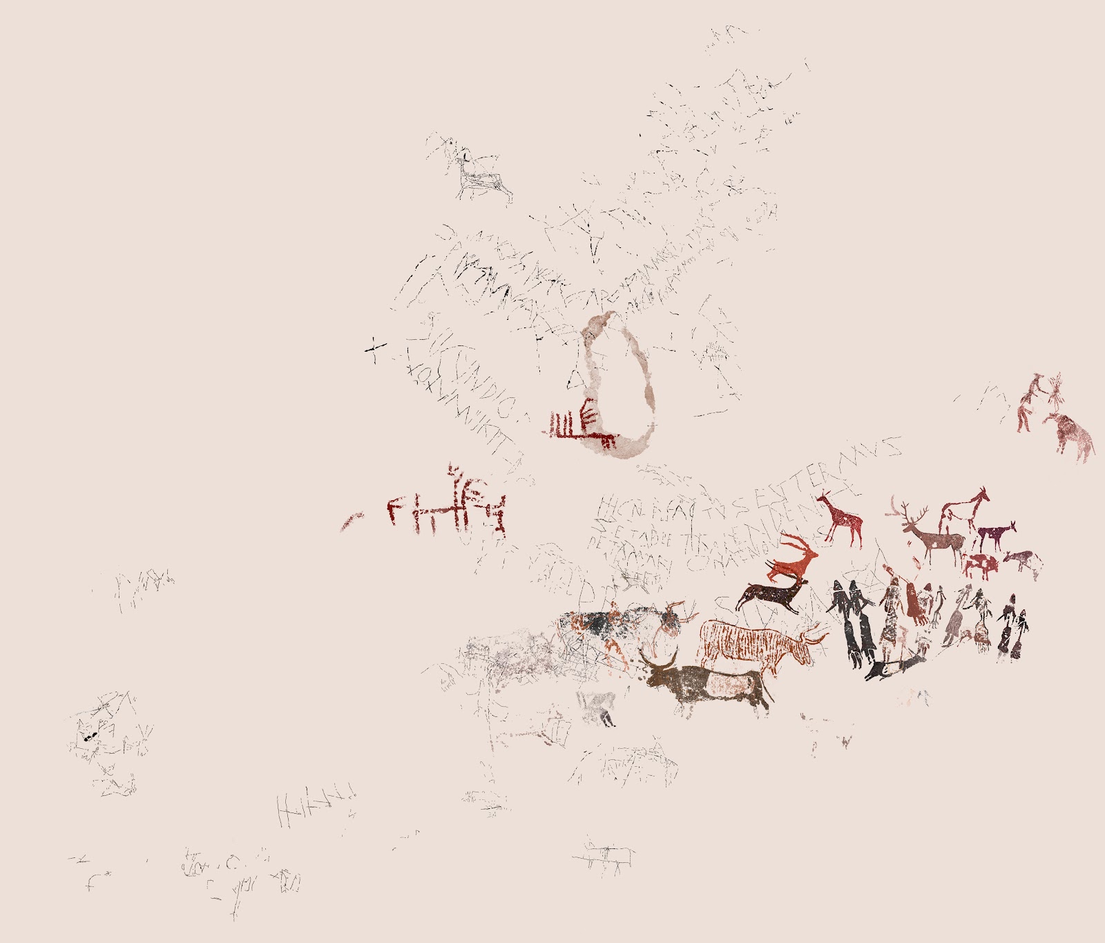 Image d’un calque avec les peintures et inscriptions de la Roca dels Moros.