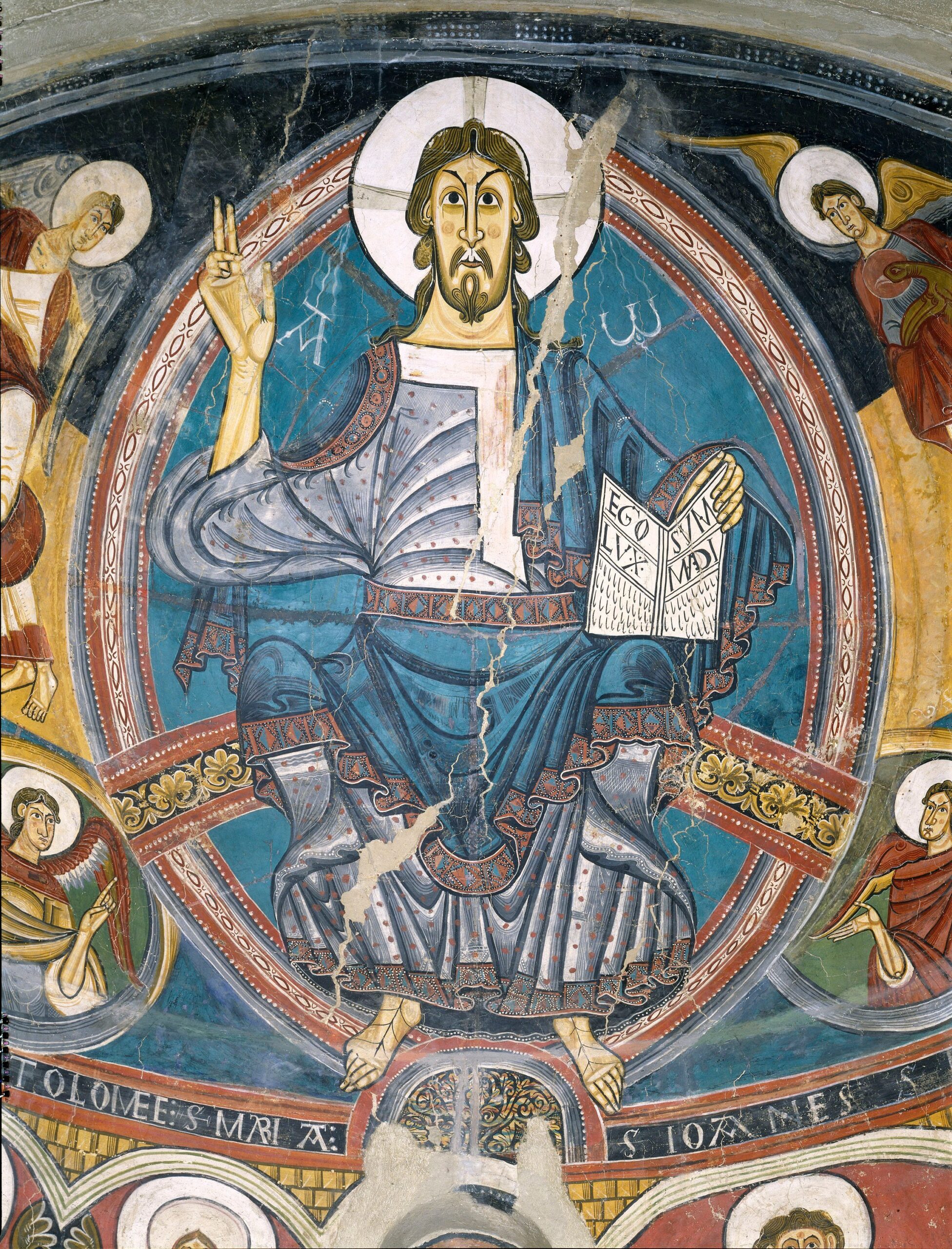 Fragment de les pintures murals de l’absis central de l’església de Sant Climent de Taüll. Imatge del Crist en majestat.