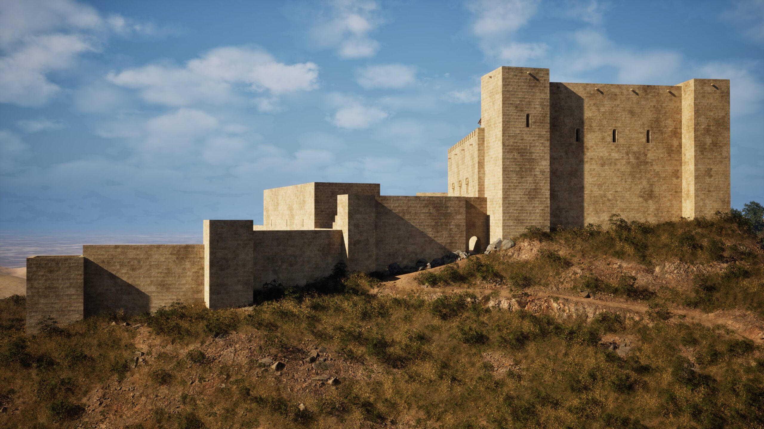 Recreació hipotètica de la façana nord del castell, amb referencia del turó sobre el qual s’edifica a la part inferior de la imatge, entre els segles XII i XIV.