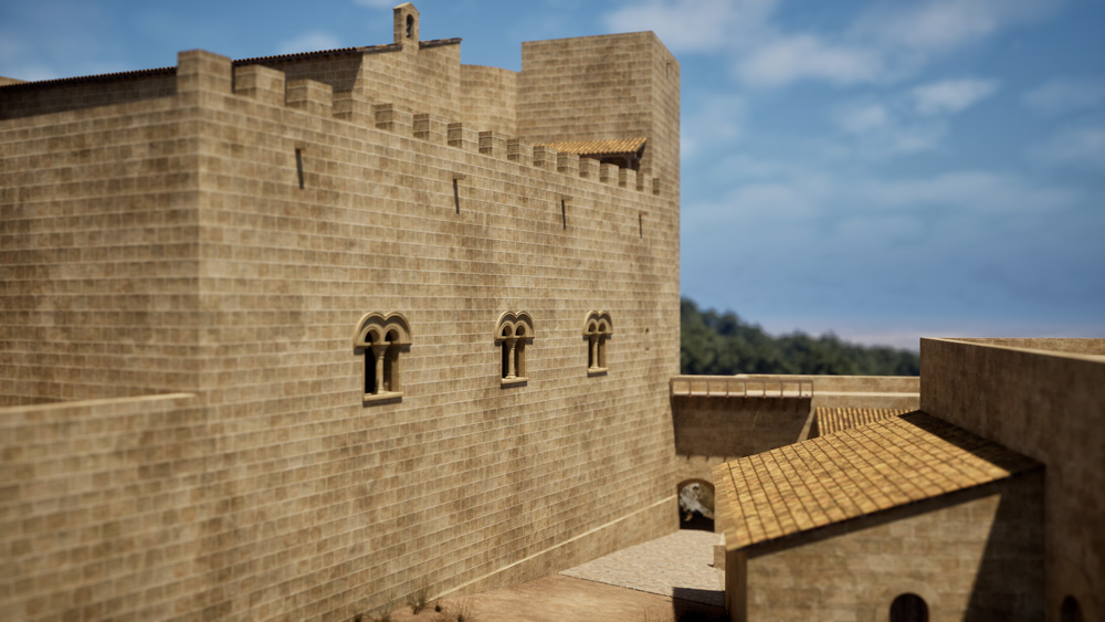 Recreació hipotètica de la vista exterior del mur del refetor del castell, amb tres finestres geminades, entre els segles XII i XIV.