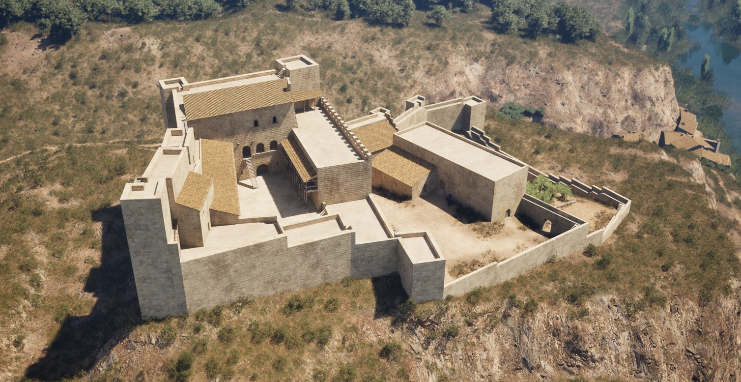 Recreació hipotètica d’una vista aèria general del castell, situat damunt d’un turó i amb referència del riu Ebre a la dreta, entre els segles XII i XIV.