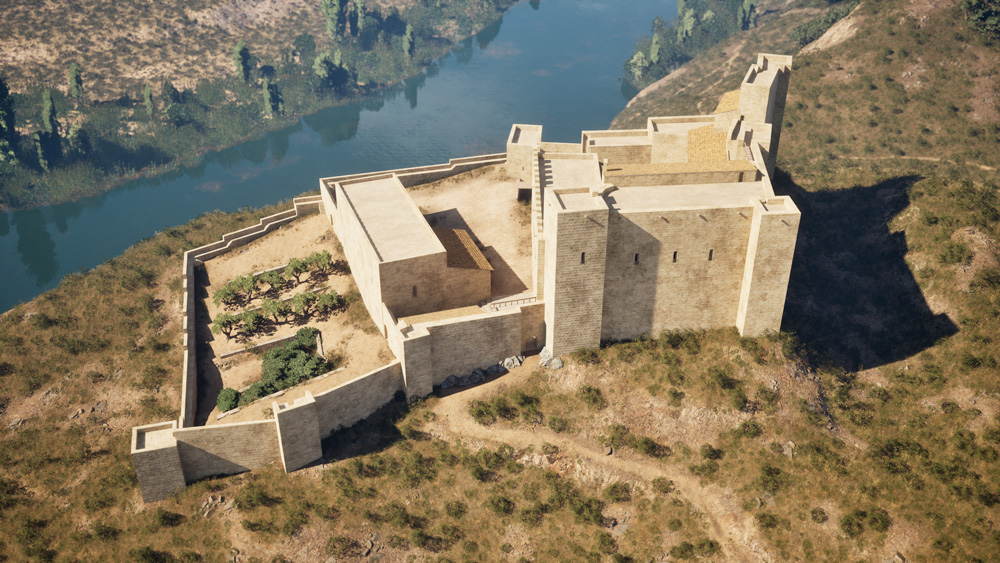 Recreació hipotètica d’una vista aèria general del castell, situat damunt d’un turó i amb referència del riu Ebre al fons, entre els segles XII i XIV.