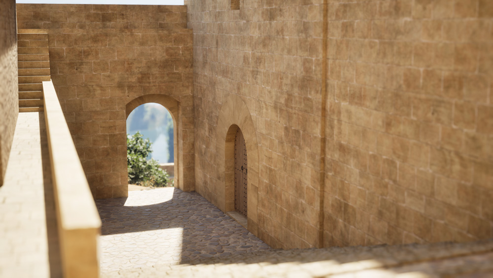 Recreació hipotètica de les escales de baixada que porten a les cavallerisses i de la façana d’aquest edifici entre els segles XII i XIV.