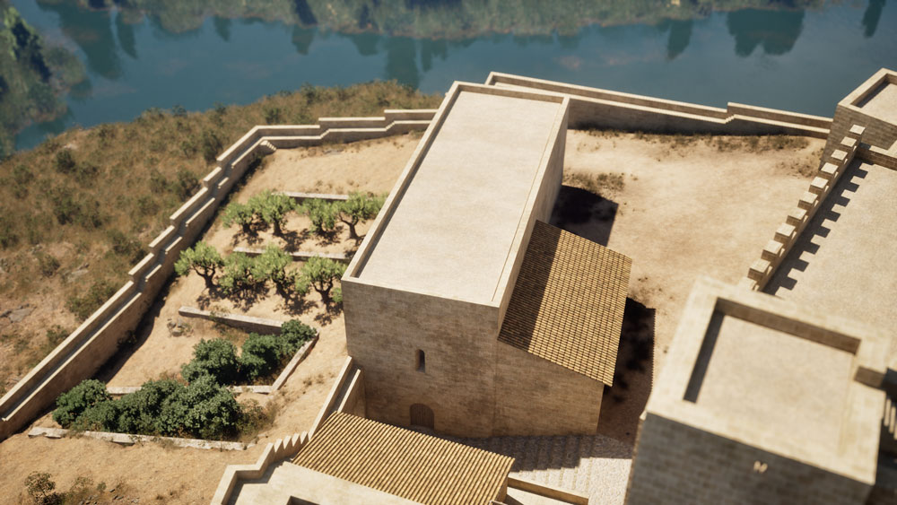 Recreació hipotètica d’una vista aèria de la part baixa del castell entre els segles XII i XIV, amb l’edifici de les cavallerisses al centre.