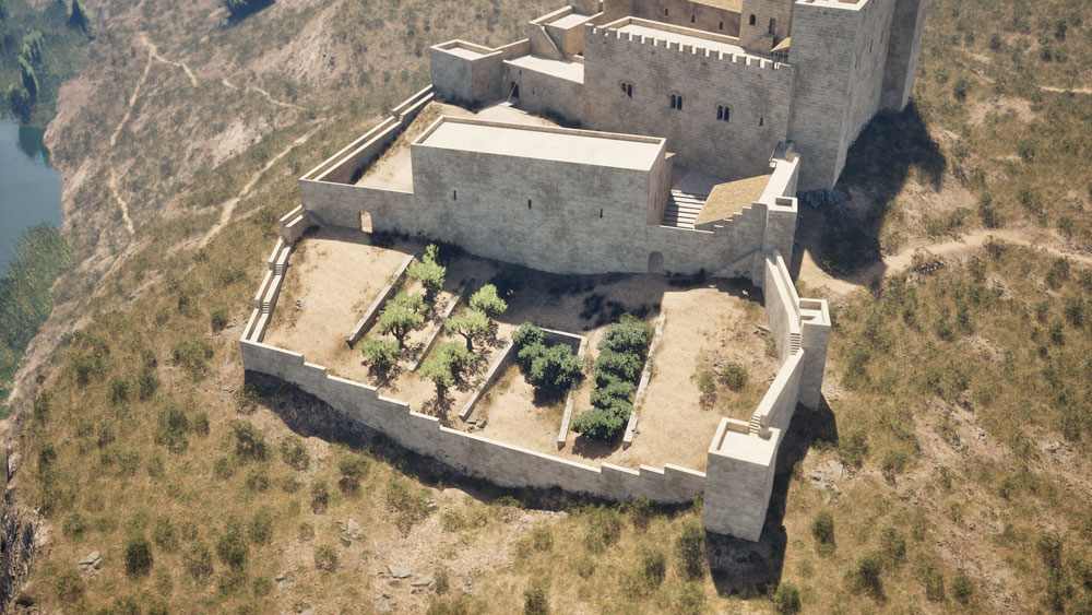 Recreació hipotètica d’una vista aèria de l’esplanada inferior del recinte jussà del castell entre els segles XII i XIV, rodejada per muralles i l’edifici de les cavallerisses.