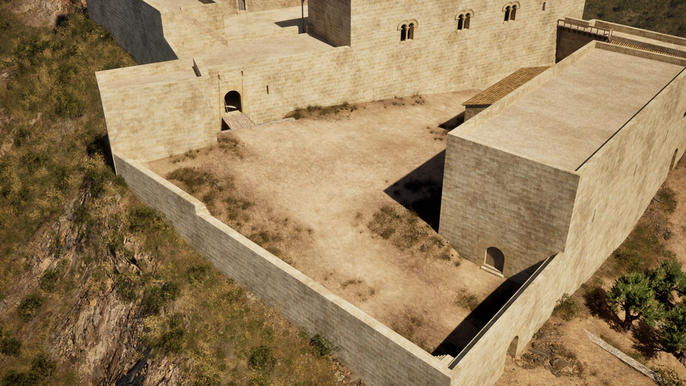 Recreació hipotètica d’una vista aèria de la zona d’accés al recinte sobirà, amb l’edifici de les cavallerisses a la dreta, entre els segles XII i XIV. La porta d’accés a través del mur és petita i té una passarel·la de fusta.