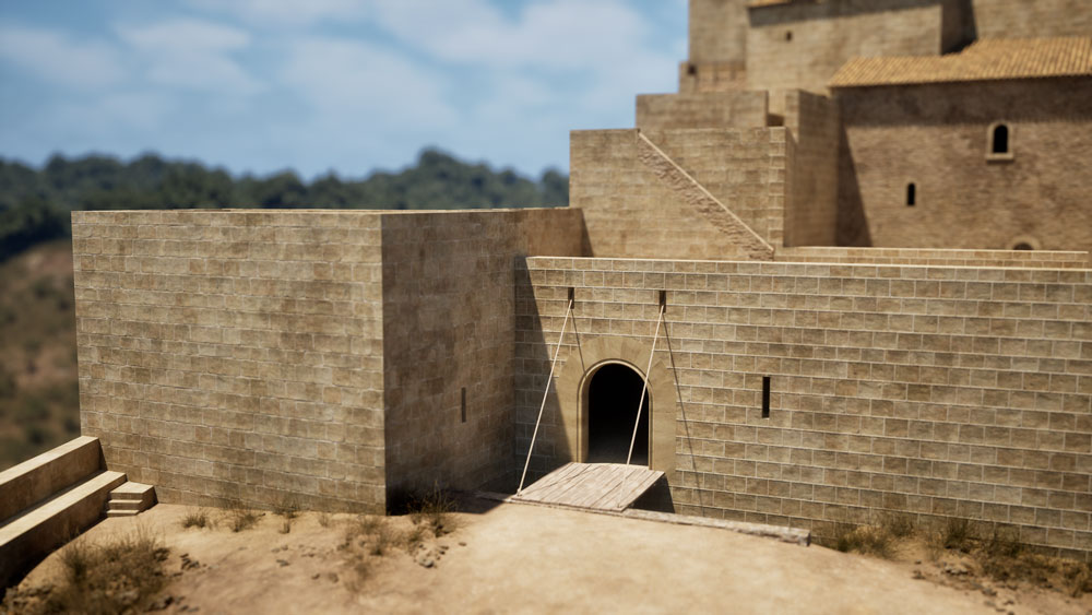 Restitució hipotètica de la porta d’accés al recinte sobirà del castell, protegida amb una passarel·la llevadissa de fusta.