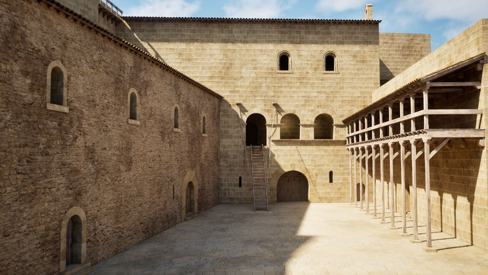 Recreació hipotètica del pati d’armes del castell entre els segles XII i XIV. Al fons, l’edifici noble, amb l’entrada al celler a la planta baixa, les finestres de la galeria a la primera planta, i les dues finestres de la sala del comanador a la segona. A la dreta, la bastida de fusta adossada al mur del refetor que permetia l’accés a la galeria. A l'esquerra, l’edifici de serveis.