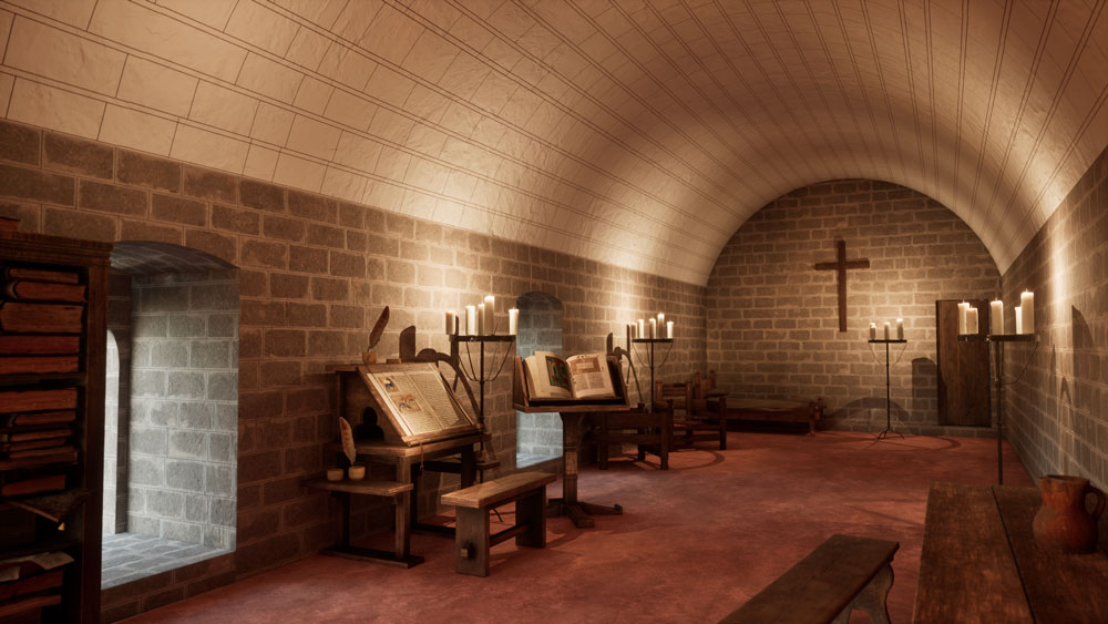 Recreació hipotètica de la sala del comanador del castell entre els segles xii i xiv. És una estança feta de carreus i amb el sostre en volta. Està decorada de manera austera i pràctica, amb un escriptori, uns canelobres, una creu a la paret del fons i poca cosa més.