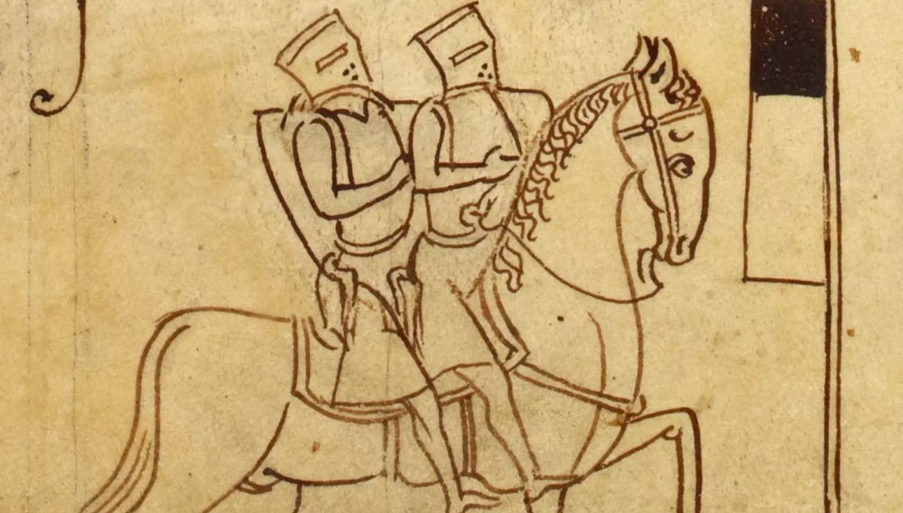 Il·lustració del segle xiii de dos cavallers templers a sobre d’un únic cavall.