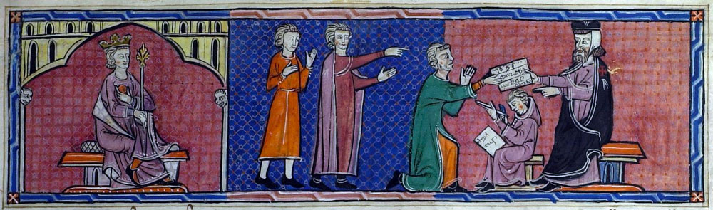 Miniatura de colors vius i traç senzill, de l’any 1292, que representa el rei Jaume II de Mallorca i els habitants de la vila retent homenatge al seu procurador, el templer Jacques d’Ollers.