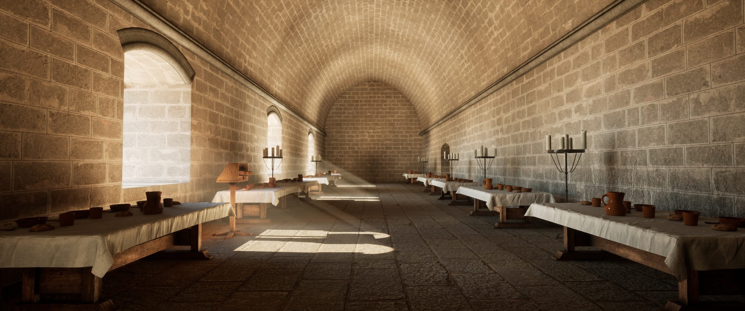 Recreació hipotètica del costat sud del refetor del castell entre els segles xii i xiv. Es tracta d’una sala allargada feta amb carreus i amb el sostre en volta. A banda i banda, taules parades amb austeritat: plats, gots i gerres de ceràmica, culleres i algun canelobre.