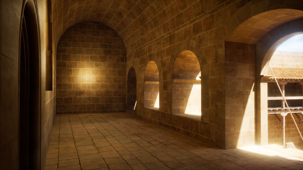 Recreació hipotètica de la galeria del castell entre els segles XII i XIV. Les quatre arcades amb vistes al pati d’armes deixen entrar la llum. La més llunyana, és la porta d’accés a la passarel·la elevada de fusta del refetor. Les dues del mig són finestres. La més propera, és la porta on hi ha l’escala per baixar al pati.