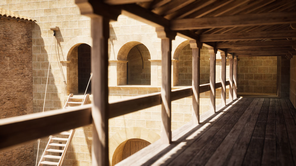 Recreació hipotètica, entre els segles xii i xiv, de la passarel·la elevada de fusta que comunica l’edifici del refetor amb la galeria. La passarel·la és una mena de balcó de fusta amb una coberta.