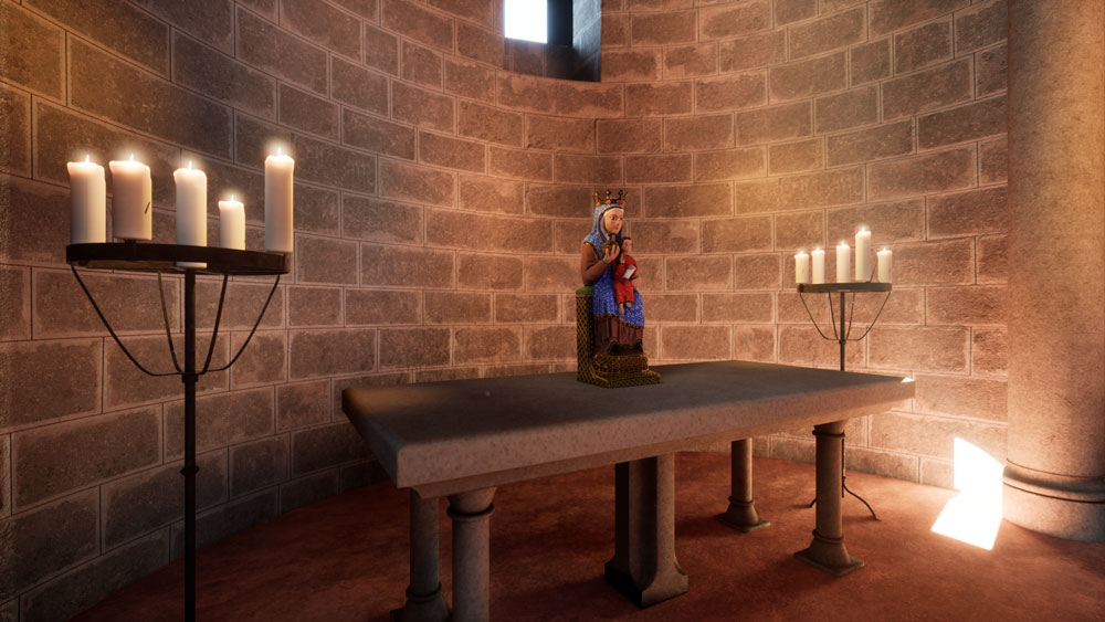 Recreació hipotètica de l’altar de l’església del castell entre els segles xii i xiv. Sobre l’altar —de sis potes— hi ha la imatge de la mare de Déu. Al darrere, un sagrari i una creu. Flanquegen el conjunt un parell de canelobres.