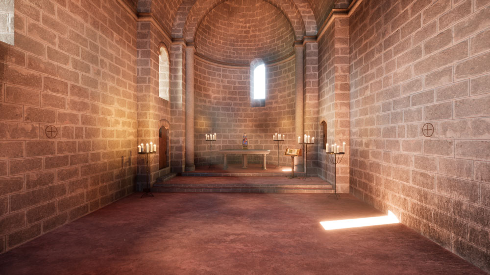 Recreació hipotètica d’una vista general de l’església del castell entre els segles xii i xiv. És una nau senzilla, amb els carreus a la vista i sense elements decoratius. Al fons de l’absis hi ha una finestra lleugerament desplaçada a la dreta.